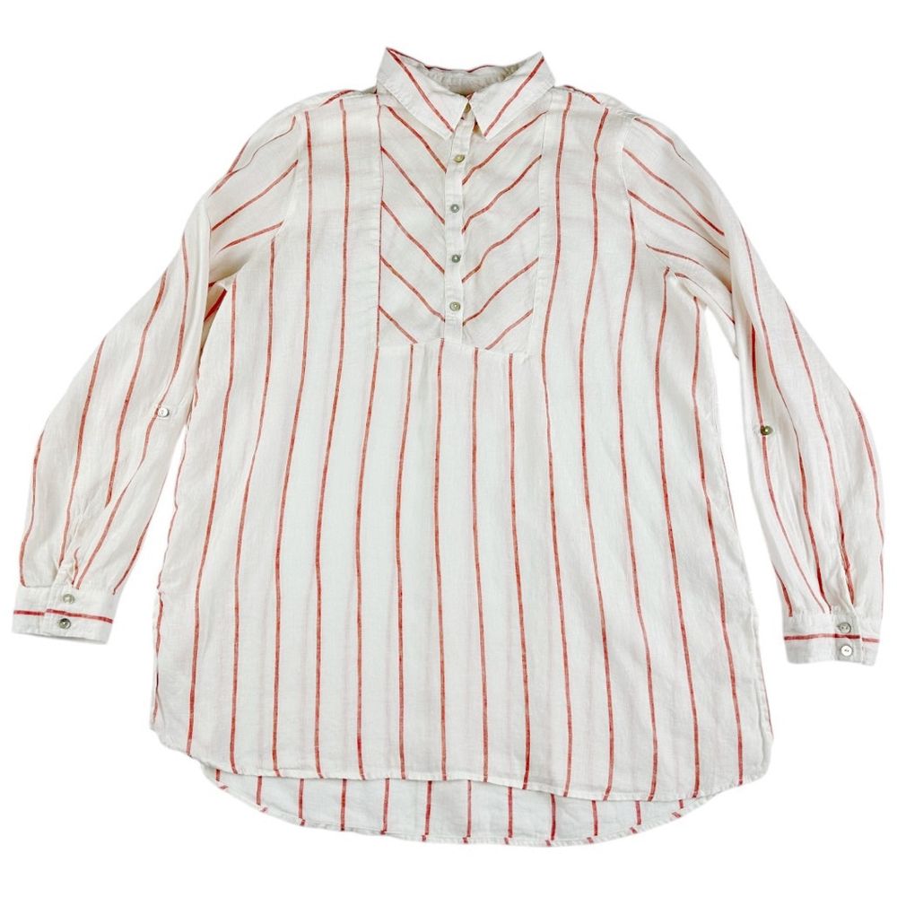 Women's C & C California Striped 100% Linen Shirt Size XL White Coral Pink